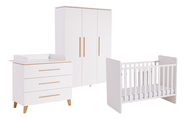 Transland Chambre de bébé 3 pièces (lit évolutif + commode + armoire 3 portes) Steffi blanc